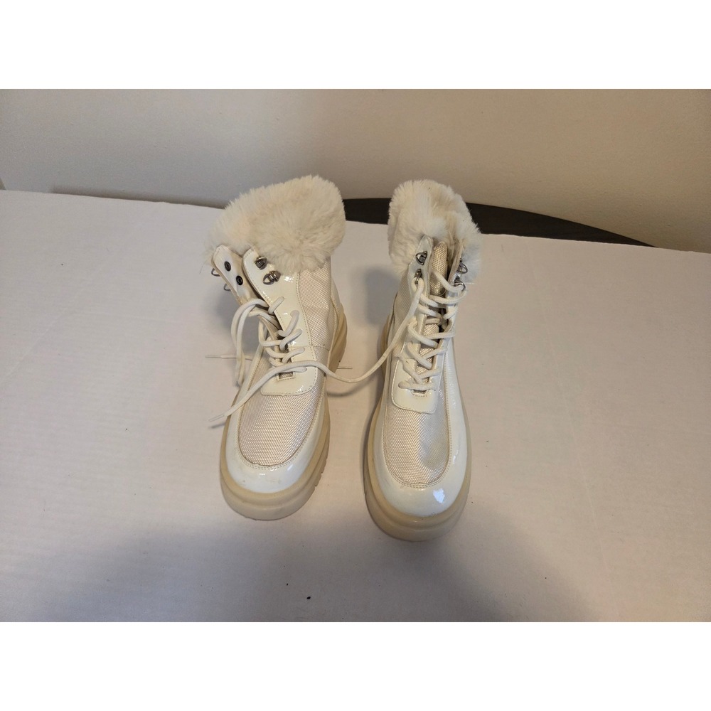 Olivia Miller Womens White Faux Fur Trim Lace Up Winter Combat Boots Size 9
